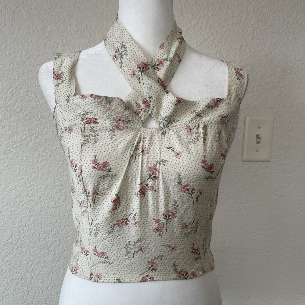 Sienna Sky 90's Floral Halter Crop Top Womens M Smocked  Coquette Cottagecore